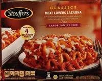 Mängden socker i Meat lovers lasagna with a hearty tomato sauce, uncured pepperoni, italian sausage, ground beef and pork