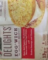 Mängden socker i Ham, bell peppers, mushroom, bacon and onion egg frittata with turkey sausage and cheese egg'wich the breadless breakfast, turkey sausage and cheese