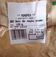 Mängden socker i Noix de cajou crues bio