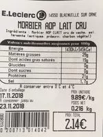 Mängden socker i Morbier AOP lait cru