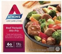 Mängden socker i Beef teriyaki stir-fry tender beef with broccoli, green beans, red bell peppers and carrots in a teriyaki sauce