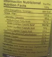 Mängden socker i Aceite de coci virgen estra ecologico