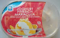 Mängden socker i Eis mit Magermilchjoghurt und Maracujasorbet, mit Pfirsich-Maracujasauce und weißen Schokoladenstückchen