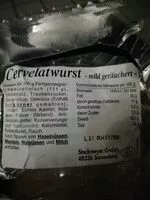 Mängden socker i Cervelatwurst, mild geräuchert