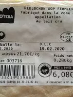 Mängden socker i Reblochon aop fermier