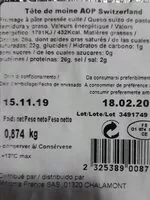 Mängden socker i Tête de moine AOP Switzerland