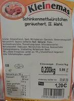 Mängden socker i Schinkenmettwürstchen, geräuchert, II. Wahl