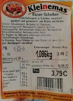 Mängden socker i Bacon-Scheiben, gepökelt und geräuchert
