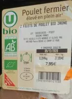 Mängden socker i Poulet fermier élevé en plein air 2 filets de poulet bio jaune