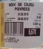 Mängden socker i Noix de cajou poivrees
