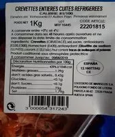 Mängden socker i Crevettes entières cuites réfrigérées