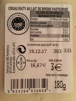 Mängden socker i Ossau iraty au lait de brebis pasteurisé