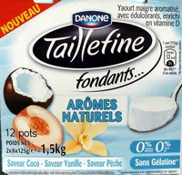 Mängden socker i Taillefine (0 % MG, 0 % Sucres ajoutés), (Arômes naturels : Saveurs Coco, Vanille, Pêche) 12 pots