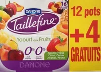 Mängden socker i Taillefine, Yaourt au Fruits (0 % MG, 0 % Sucres Ajoutés) - (Abricot, Fraise, Citron, Cerise, Ananas, Pêche) 12 Pots 4 Gratuits
