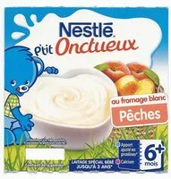 Mängden socker i NESTLÉ P'TIT ONCTUEUX au Fromage Blanc Pêche - 4 x 100g - Dès 6 mois