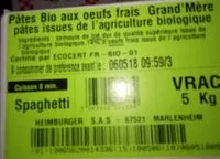 Mängden socker i Spaghetti Bio aux Œufs Frais Grand' Mère