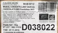 Mängden socker i Muesli croustillant duo de chocolats bio Favrichon
