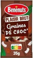 Mängden socker i Bénénuts Plaisir brut Graines de choc' amandes, noix de coco & croustillants au chocolat