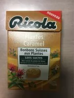 Mängden socker i Bonbons plantes s/s caramel RICOLA 50g offre économique 50ans
