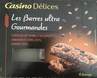 Mängden socker i Barres ultra gourmandes Chocolat Noir, cacahuètes, amandes grillées, noisettes Casino