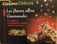 Mängden socker i Barres ultra gourmandes cacahuètes, canneberges, raisins, amandes grillées Casino