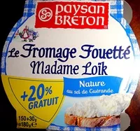 Mängden socker i Le Fromage Fouetté Madame Loïk, Nature au sel de Guérande (25 % MG) + 20 % Gratuit