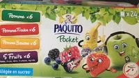 Mängden socker i Paquito, Pocket Compote Pomme, Pomme fraise, Pomme banane, 5 fruits, les 24 gourdes de 90 g