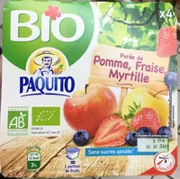 Mängden socker i Purée de fruits Bio sans sucres ajoutés 4 x 100g Pomme fraise myrtille, BIO