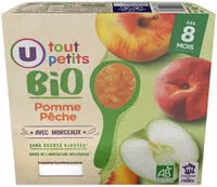 Mängden socker i Pots pour bébé dessert pomme et pêche avec morceaux U_TOUT_PETITS Bio