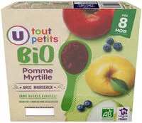 Mängden socker i Pots pour bébé dessert pomme, myrtille avec morceaux U_TOUT_PETITS Bio