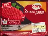 Mängden socker i 2 steaks hachés pur bœuf (15 % MG)