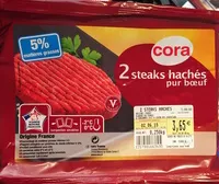 Mängden socker i 2 steaks hachés pur bœuf (5 % MG)