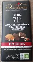 Mängden socker i Chocolat noir 71% amandes entières, cranberries, noisettes