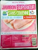 Mängden socker i Jambon supérieur sans couenne 25% de sel en moins 4 tranches