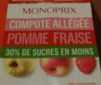 Mängden socker i Compote allégée pomme fraise 30% de sucres en moins