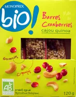 Mängden socker i Barres Cranberries cajou quinoa Bio Monoprix