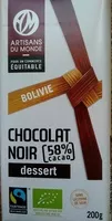 Mängden socker i Chocolat noir dessert 58% cacao, Bolivie