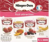 Mängden socker i Fruit attraction (strawberries & cream, mango & cream, summer berries & cream, banana & cream)
