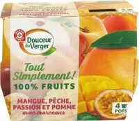 Mängden socker i Spécialité de fruits avec morceaux mangue, pêche, passion et pomme