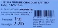 Mängden socker i Fritures chocolat lait bio équitable 42% cacao (en vrac)