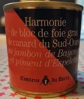 Mängden socker i Harmonie de  bloc de foie gras de canard du sud ouest au jambon de bayonne et piment d'espelette.