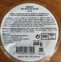 Mängden socker i Taboulé aux noix de cajou curry