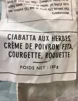 Mängden socker i Ciabatta aux herbes, crème de poivron, feta, courgette, roquette