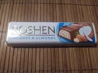 Mängden socker i Молочно-шоколадный батон "Рошен" с миндалем и кокосовой начинкой