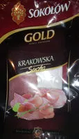 Mängden socker i Kiełbasa krakowska sucha (kiełbasa wieprzowo-wołowa, gruba, rozdrobniona, wędzona, parzona, suszona, plastrowana.