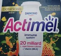 Mängden socker i Mleko fermentowane z L. casei Danone oraz witaminami B6 i D. Actimel o smaku papaja-miód-mięta.