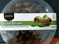 Mängden socker i Oliven, grün mariniert mit Kräutern, ohne Stein
