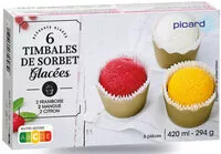 Mängden socker i 6 timbales de sorbet, framboise, mangue, citron