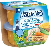 Mängden socker i NESTLE NATURNES Les Sélections Ptits Légumes, Coquillettes, Cabillaud-2x200g-Dès 8mois