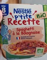 Mängden socker i NESTLE P'TITE RECETTE Spaghetti bolognaise Bio 2x190g - Dès 8 mois